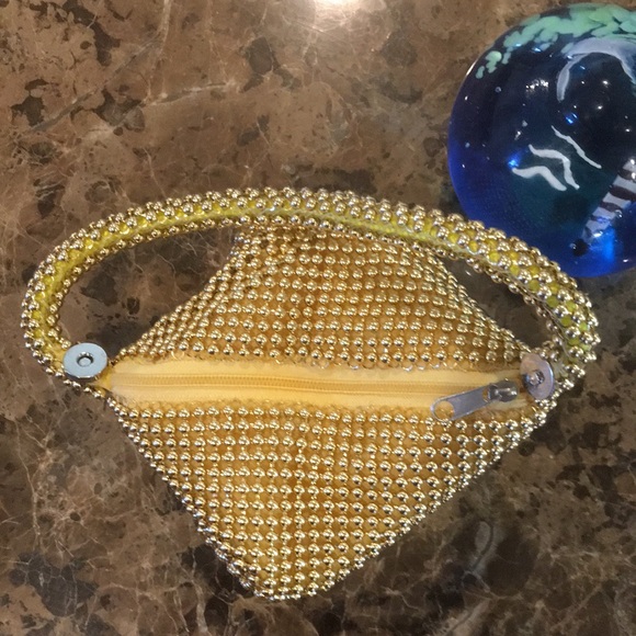 Gold Bead Mesh Sparkle Evening Bag Party Pouch Wristlet - Picture 9 of 12